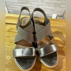 Vionic Metallic Pewter Elastic Espadrille Wedge Sandals Comfort Platform 8.5